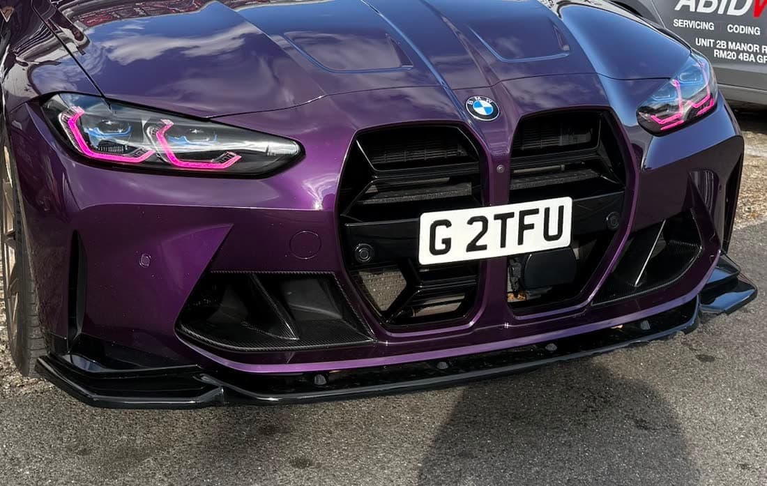 Front grille of a purple BMW M3 at Abidworks, Grays